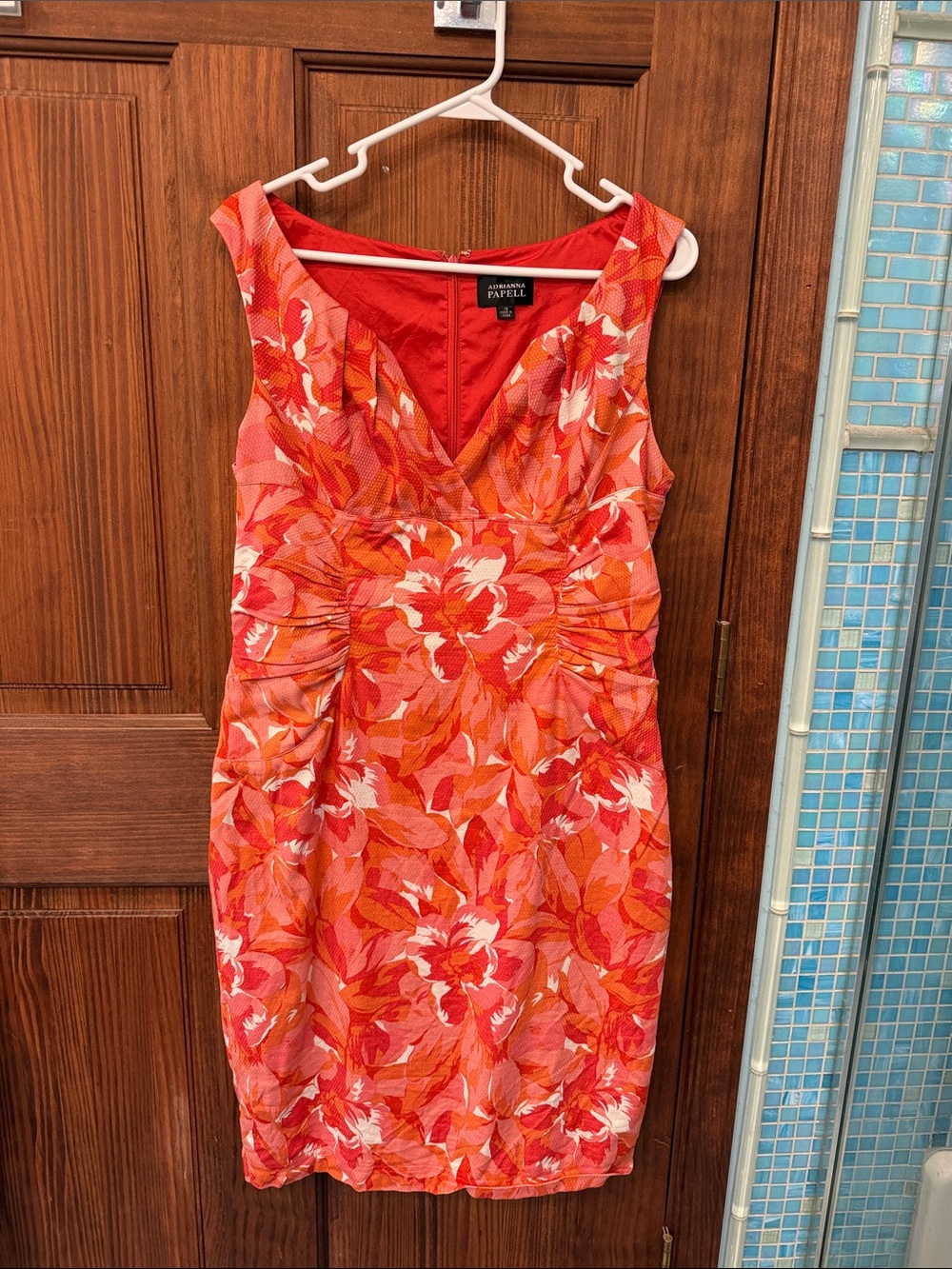 Adrianna Papell Orange Red Floral V-Neck Sheath Dress